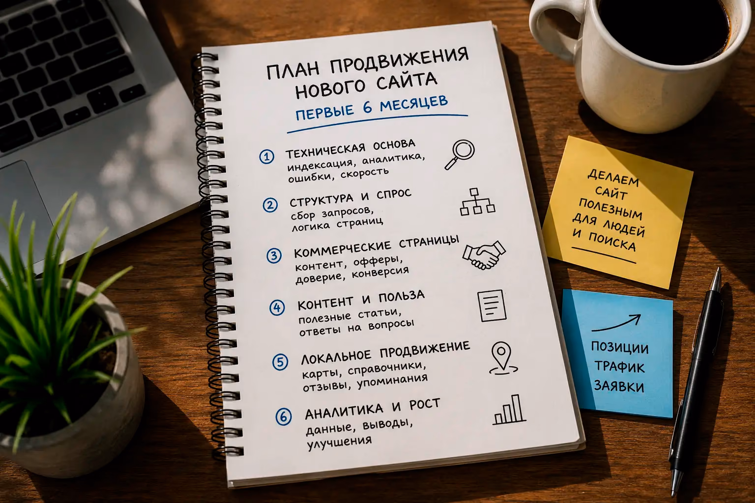 План продвижения нового сайта на первые шесть месяцев: техника, структура, контент, локальные сигналы, аналитика